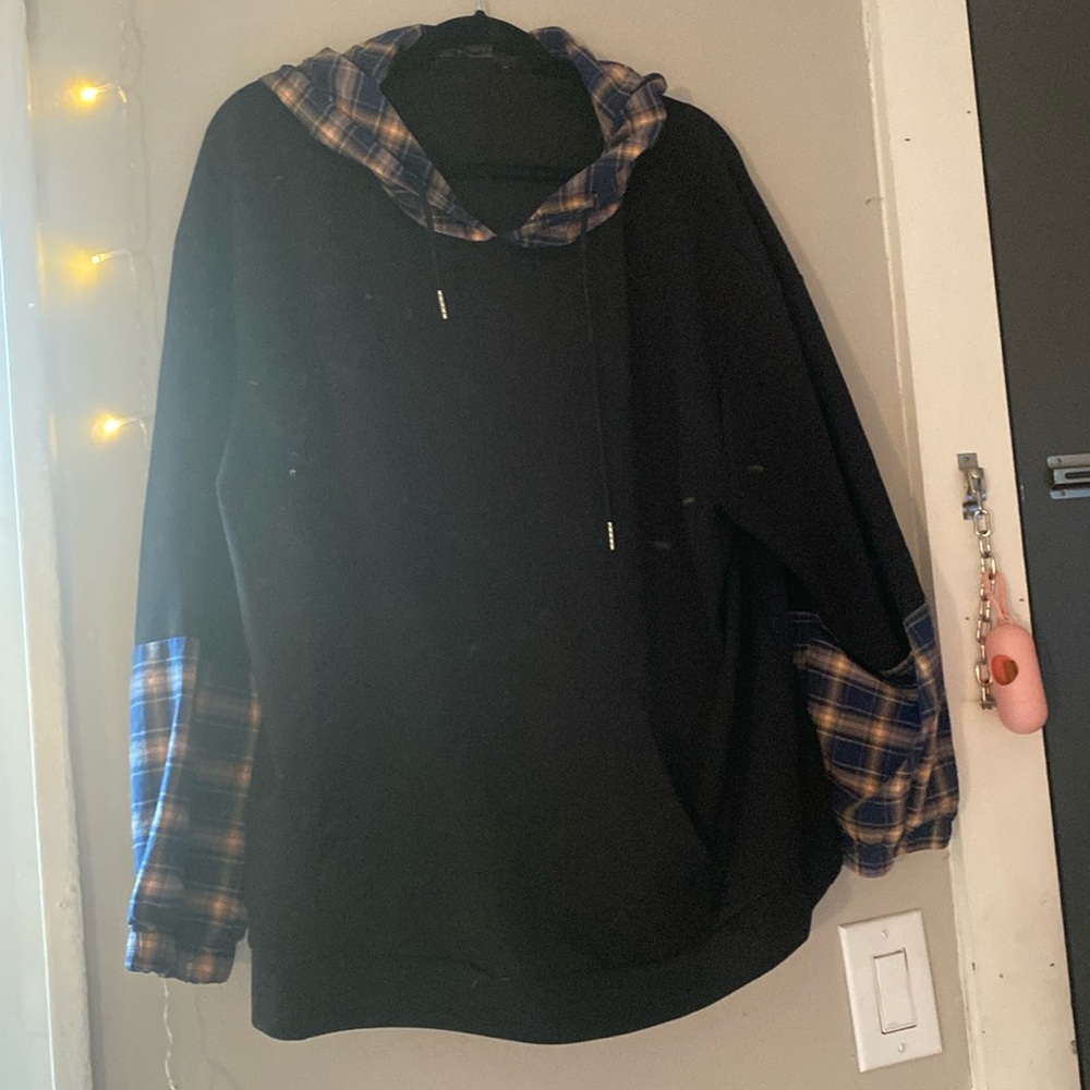Women's Plus Colorblock Plaid Long Sleeve Drawstring Hoodie Top Sweatshirts